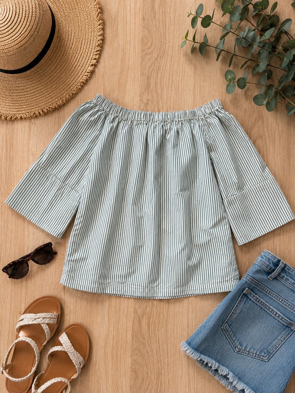 Free Assembly Green White Stripe Off Shoulder Cotton Peasant Top XS
